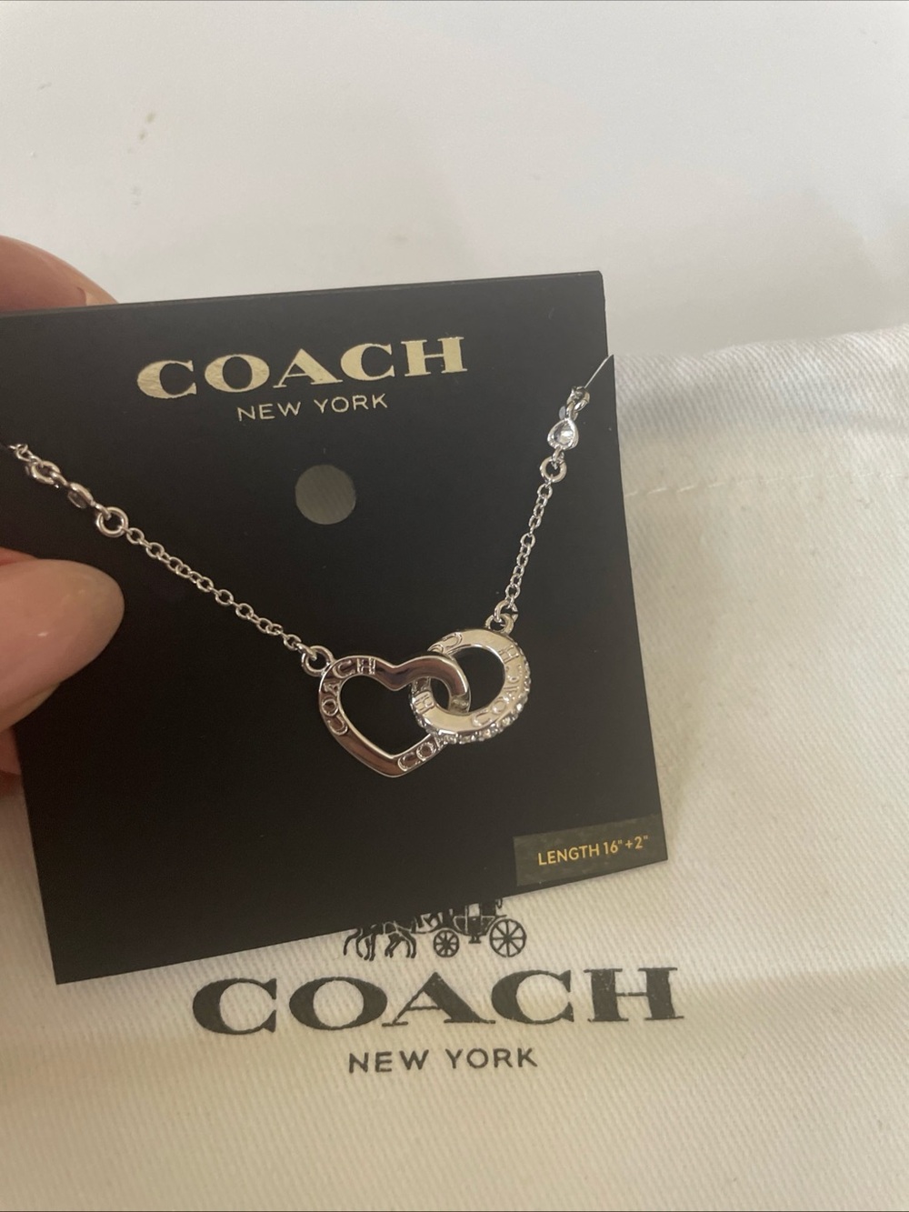COACH Silver Interlocking Heart & Crystal Circle Necklace